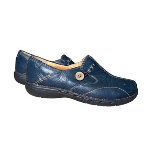 Clarks Unstructured Un.loop Navy Blue Leather Loafers Button Slip On Shoes 8.5M